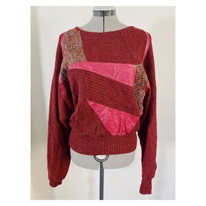 VTG Marc D'alcy Sz M Patchwork 80s Multi Media Sweater Burgundy Mohair Blend